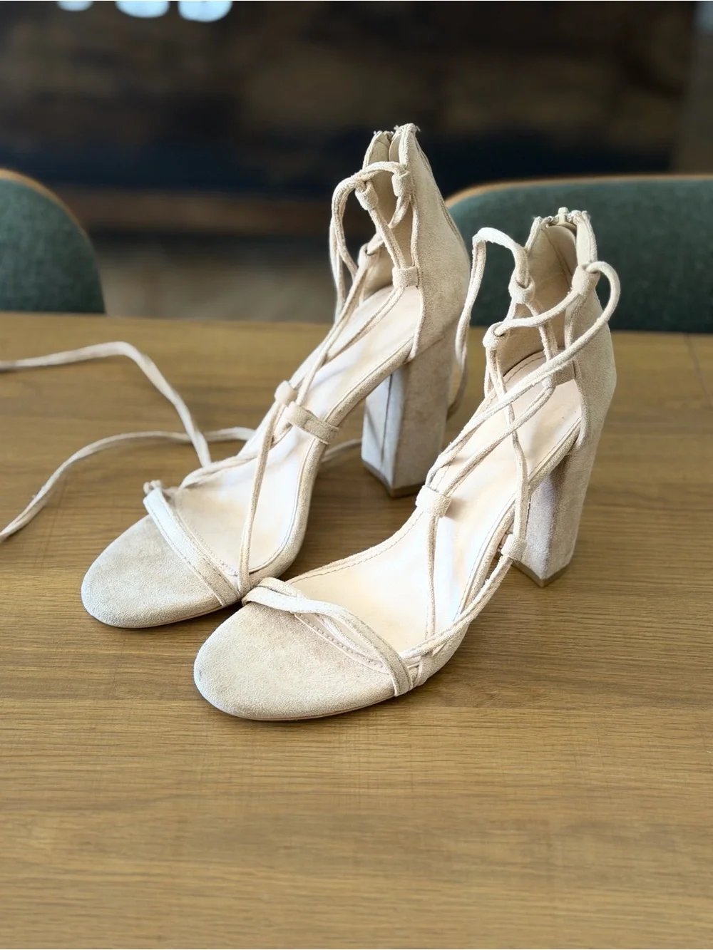 SHEIN Beige Suede Lace-Up Block Heel Sandals